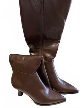 Modatope Women's Knee High Brown PU Leather Boots Size 6 With Zip Kitten Heel